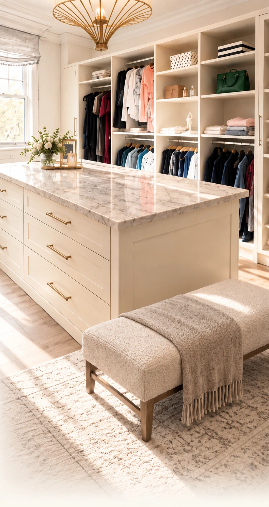 Sunlit walk-in closet with marble island, upholstered bench and open shelving