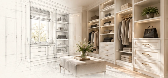Sunlit closet with shelves and upholstered ottoman